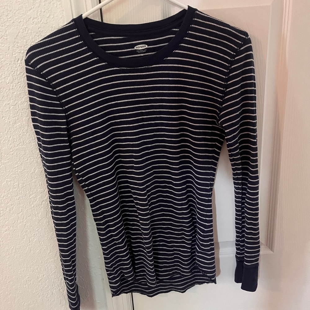 Navy blue and white striped long sleeve shirt